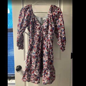 Madewell Multicolored V-Neck 3/4 Sleeve Dress Cotton Poplin EUC